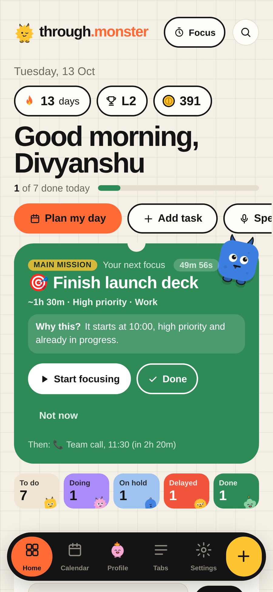 Through on a phone: today’s progress and your next focus, Finish launch deck, with a live countdown