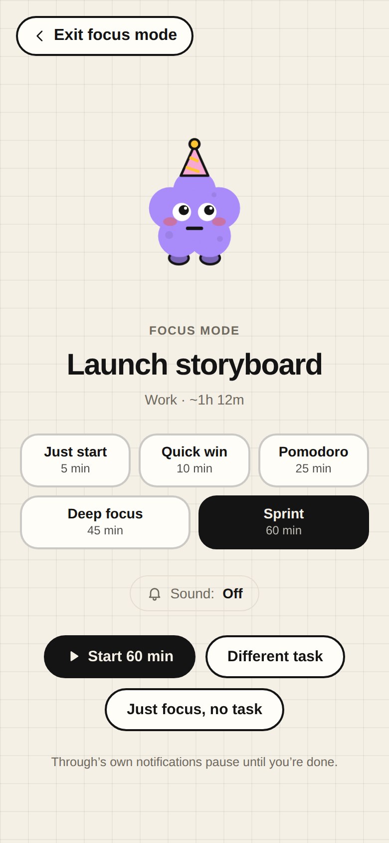 Focus mode setup with session lengths and ambient sounds
