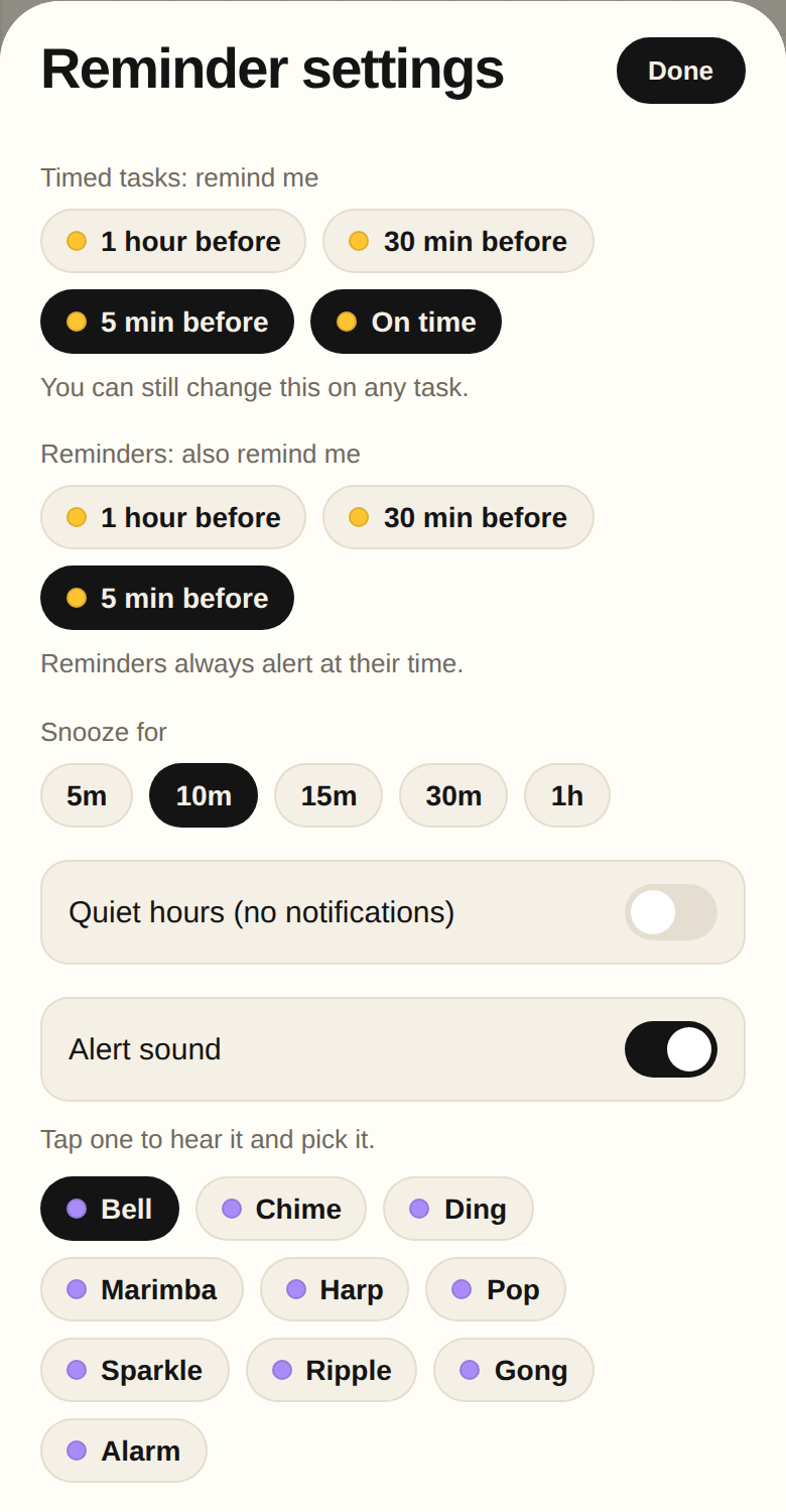Reminder settings: alert times, snooze, quiet hours and alert sounds